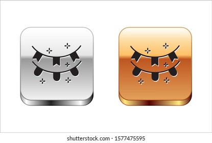 Black Carnival garland with flags icon isolated on white background. Party pennants for birthday celebration, festival and fair decoration. Silver-gold square button. Vector Illustration
