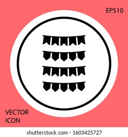 Black Carnival garland with flags icon isolated on red background. Party pennants for birthday celebration, festival and fair decoration. White circle button. Vector Illustration