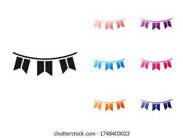 Black Carnival garland with flags icon isolated on white background. Party pennants for birthday celebration, festival decoration. Set icons colorful. Vector