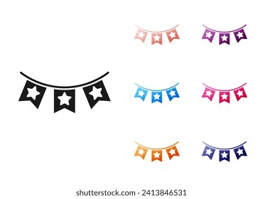 Black Carnival garland with flags icon isolated on white background. Party pennants for birthday celebration, festival decoration. Set icons colorful. Vector