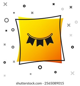 Black Carnival garland with flags icon isolated on white background. Party pennants for birthday celebration, festival decoration. Yellow square button. Vector