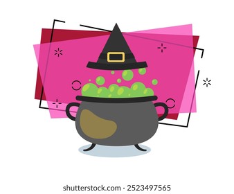 Black carnival hat and cauldron with boiling potion on abstract background. Halloween, celebration, magic, holiday concept. Vector illustration can be used for banner, poster or invitation design