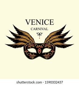 The black carnival mask is decorated with a decorative golden pattern, beads, precious stones, feathers. Vector image of a traditional venetian mask.