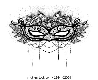 Black carnival mask with feathers and beards on the white background. Mardi gras.