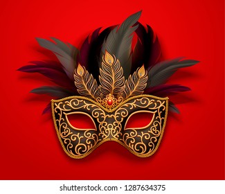 Black carnival mask with feathers decorations on red background, 3d illustration