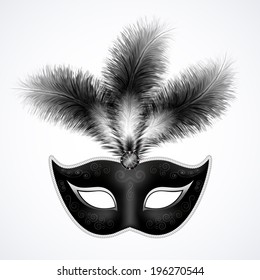 Black carnival mask with feathers isolated on white background, vector illustration