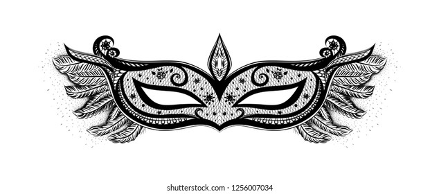 Black carnival mask with feathers on the white background. Adornment for woman face. Erotica symbol. Lace pattern for tattoo art.