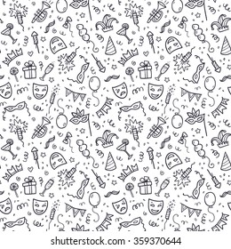 Black Carnival Symbols In Doodle Style On White Background, Vector Seamless Pattern