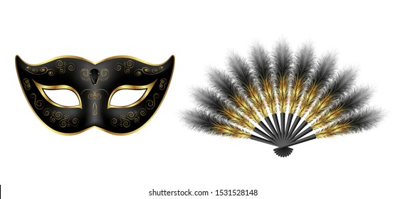 Black carnival venetian mask, masquerade feather fan with gold ornament