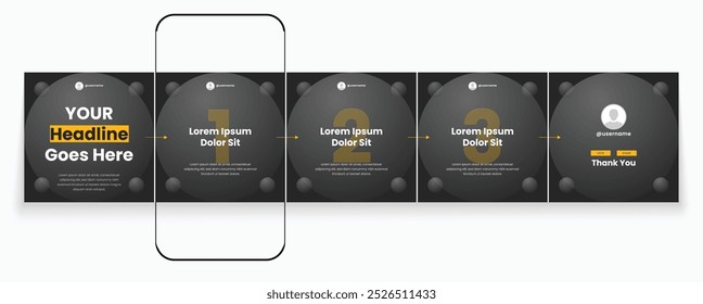 Black Carousel social media template minimalist design. Carousel banner or editable social media carousel post template set. Microblog templates for social media post