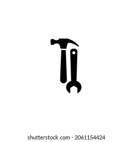 Black carpenter hammer and spanner. Work, fix, settings symbol. Handyman, locksmith, joiner claw hammer tool and wrench  for repair and maintenance. Flat icon isolated on white. Vector illustration.