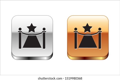 Black Carpet with barriers and star icon isolated on white background. VIP event, luxury celebration. Celebrity party entrance. Silver-gold square button. Vector Illustration