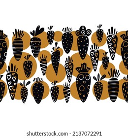 Black carrot seamless horizontal border for Easter. Carrots and orange polka dots. Can be used for ceramic tile, wallpaper, linoleum, textile, web page background