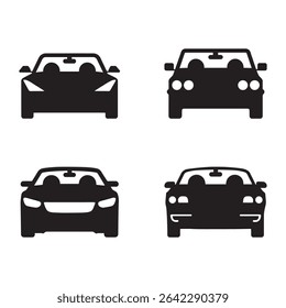 Black cars icon collection. Car front view four dirfferent vehicle transport for web, apps, graphics, icons, and econ design projects. compact futuristic electric flat city car set