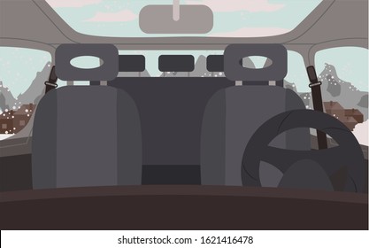 Black cars interiors, vehicles inside views. Empty automobile salon. Car cabin elements like seat for passengers, steering wheel. Trips and journey by auto. Winter landscapes and scenery vector