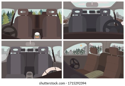 Black cars interiors, vehicles inside views. Empty automobile salon. Car cabin elements like seat for passengers, steering wheel. Trips and journey by auto. Winter landscapes and scenery vector