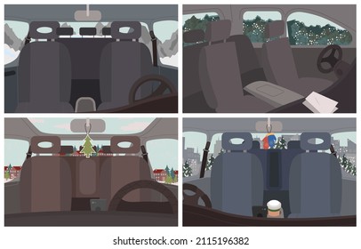 Black cars interiors, vehicles inside views. Empty automobile salon. Car cabin elements seat for passengers, steering wheel. Trips and journey by auto. Winter landscapes and scenery vector