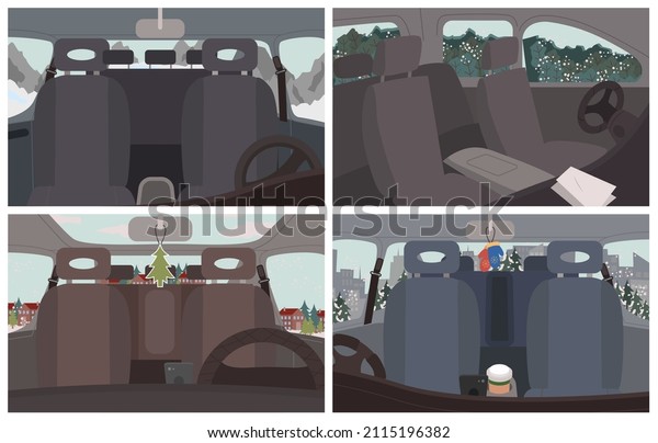 Black cars interiors, vehicles inside views. Empty
automobile salon. Car cabin elements seat for passengers, steering
wheel. Trips and journey by auto. Winter landscapes and scenery
vector