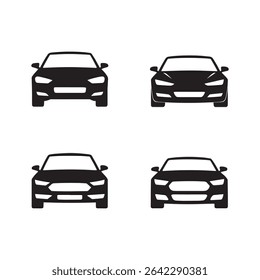 Black cars silhouette collection. Auto hatchbacks front view vehicle transport for web, apps, graphics, icons, and econ design projects. compact futuristic electric flat city car set
