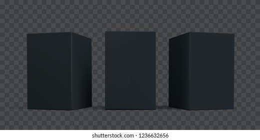 Black carton box package mock-up set. Vector isolated 3D black cardboard or paper package boxes models templates