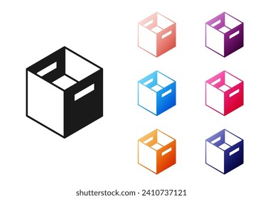 Black Carton cardboard box icon isolated on white background. Box, package, parcel sign. Delivery and packaging. Set icons colorful. Vector