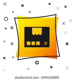 Black Carton cardboard box icon isolated on white background. Box, package, parcel sign. Delivery and packaging. Yellow square button. Vector