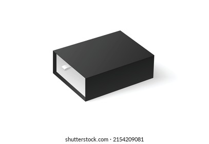 Black cartons or paper drawer, box slide on white background vector realistic illustration. Gift packaging template, open presentation view. Black close box slider, mockup, template