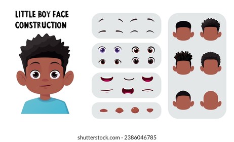 Black Cartoon Boy Face Construction, Child Avatar Maker with Afro Hair, Eyes and Mouth Premium Vector svg