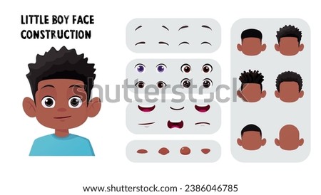 Black Cartoon Boy Face Construction, Child Avatar Maker with Afro Hair, Eyes and Mouth Premium Vector