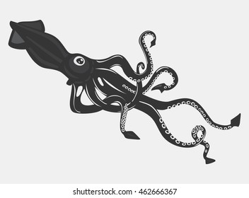 Black cartoon calamari or squid with suction cups on wavy arms and feeding tentacles. Nautical cephalopod and swimming mollusk, spineless cuttlefish. May be used for tattoo or mascot theme