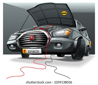 Black cartoon car with open hood in the garage