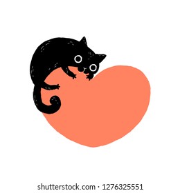 Black cartoon cat biting a huge heart. Valentine's Day greeting card.