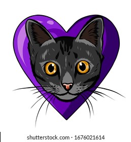 Black cartoon cat biting a huge heart.