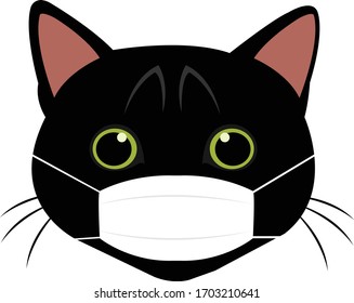 Black cartoon cat face symbol wearing a mask On a white background