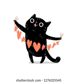 Black cartoon cat with googly eyes holding paper hearts garland. Valentine's Day greeting card. Cute kitty character.