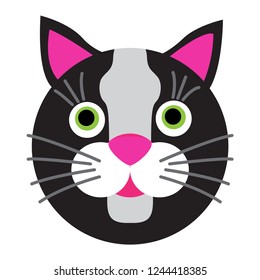 Black cartoon cat with green eyes on white