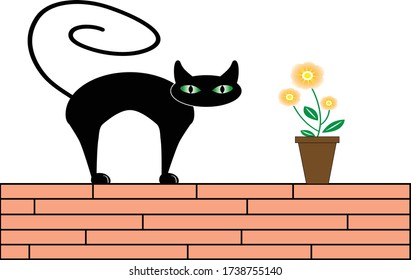Black cartoon cat with green eyes stretching on top of a brick wall with a plant pot and flowers.  Vector Illustration.