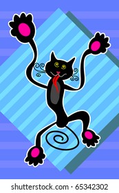 black cartoon cat in monkey act, joke cartoon