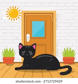 A black cartoon cat is resting in front of a closed wooden door with a sunny outdoor scene in a bright, flat illustration style. Green plants are on each side.