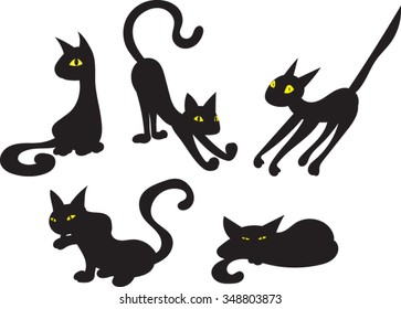 Black Cartoon Cat Silhouettes - Vector Illustration