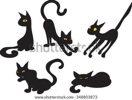 Black Cartoon Cat Silhouettes - Vector Illustration