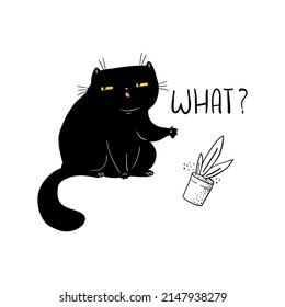 El gato negro de dibujos animados echa una maceta de la mesa. Qué gato rompiendo cosas. Ilustración vectorial aislada en un fondo blanco.