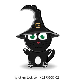 black cartoon cat in a witch's hat. Vector Illustration