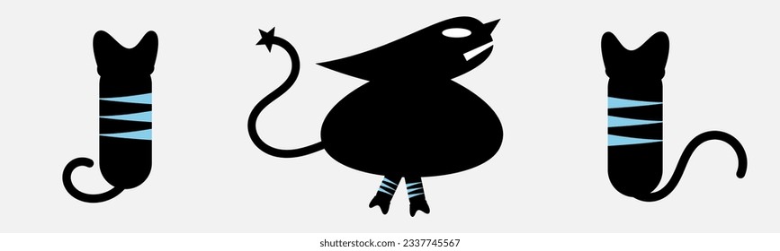 Black cartoon cats. Cats (back view, side view). Black angry cat. Big funny cartoon cat. Vector