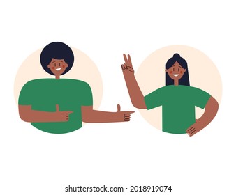 Black cartoon characters demonstrate positive emotions with gestures. Vector flat illustration on isolated white background. Eps 10.