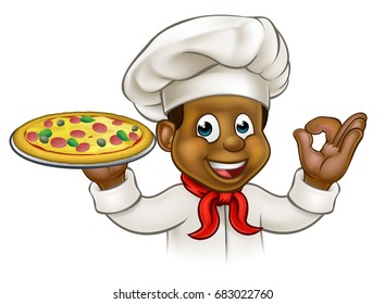 A black cartoon chef character holding pizza
