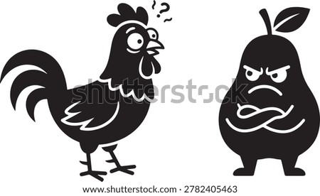 Black cartoon chicken and angry pear standing side by side