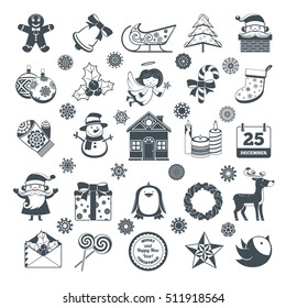 Black Cartoon Christmas Characters And Decorations Set. Vector Illustration