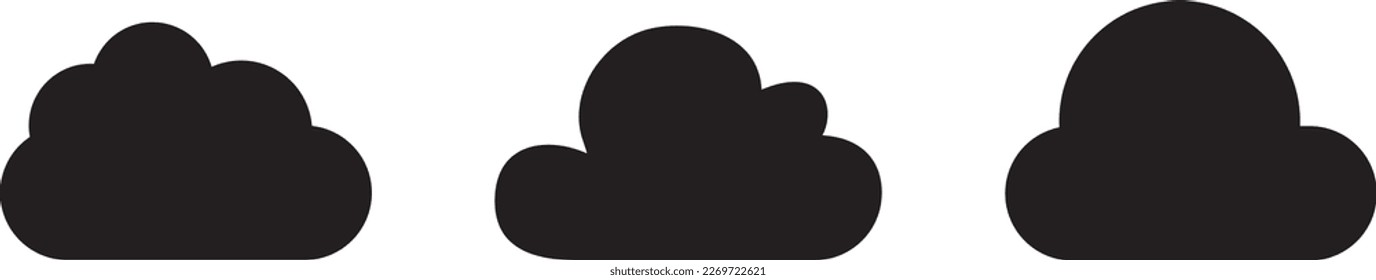 Black cartoon clouds set isolated on white background. Collection of different clouds for background template, wallpaper and fluffy sky design. Flat clouds concept. Clouds vector illustration