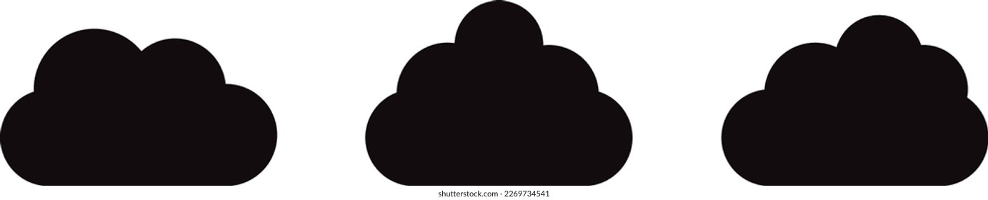 Black cartoon clouds set isolated on white background. Collection of different clouds for background template, wallpaper and fluffy sky design. Flat clouds concept. Clouds vector illustration